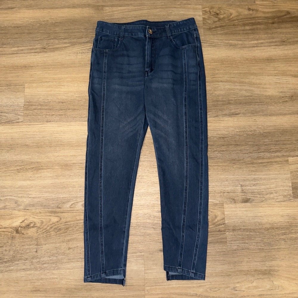 Halara Denim Leggings Dark Wash High Waisted Split Hem Seam Front Blue Pants
